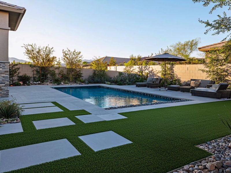 Modern backyard with swimming pool, artificial grass, stone walkway